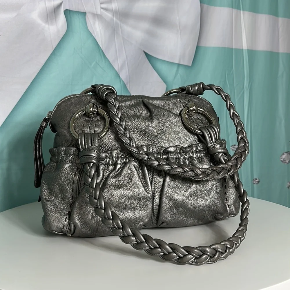 B. MAKOWSKI Pebbled Leather Hobo Bag A211928 Grey Pockets Braided Straps Classic